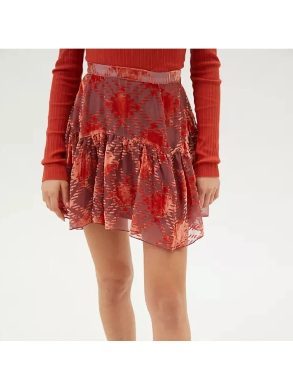 Urban Outfitters y2k Size M Orange Crushed Velvet Burnout Mini Swing Skirt